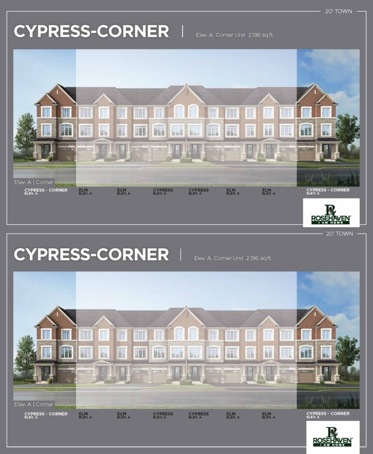 20’ Freehold Townhomes - Cypress-Corner - Elevation A - Simcoe Woods Innisfil by Rosehaven Homes