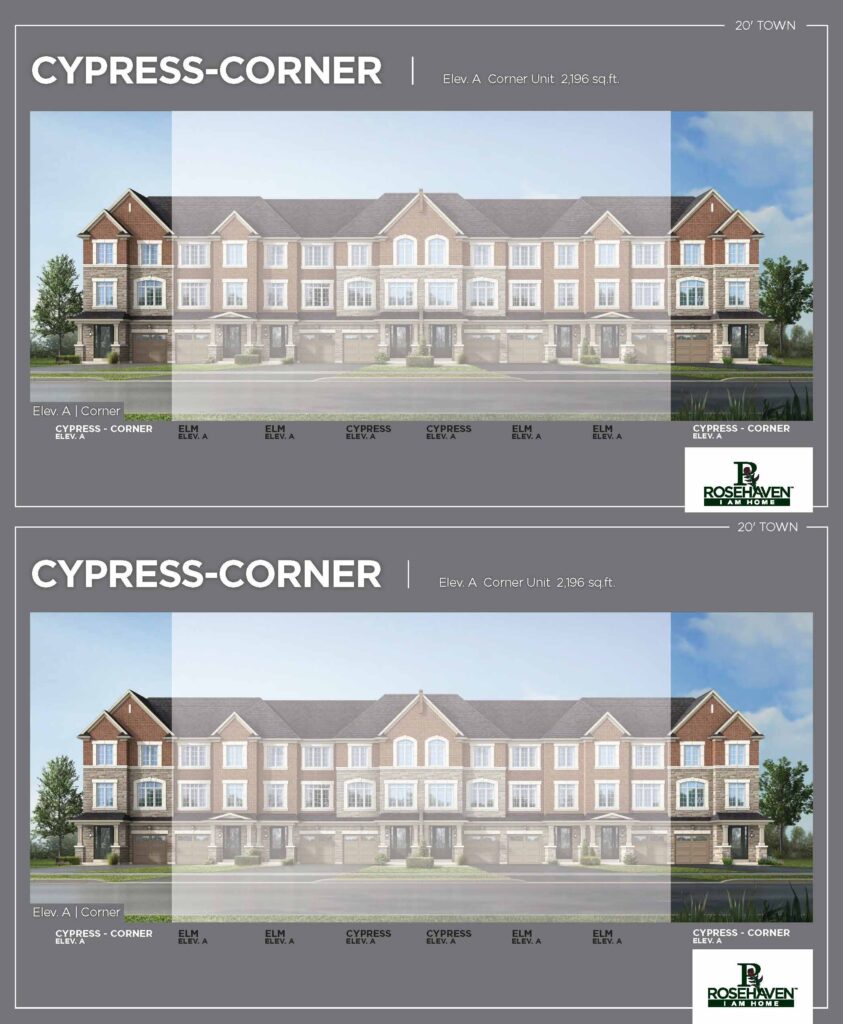 20’ Freehold Townhomes - Cypress-Corner - Elevation A - Simcoe Woods Innisfil by Rosehaven Homes