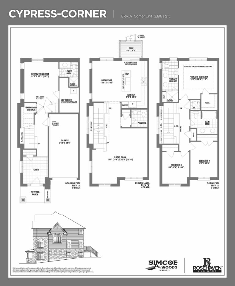 20’ Freehold Townhomes - Cypress-Corner - Floor Plan- Elevation A - Simcoe Woods Innisfil by Rosehaven Homes