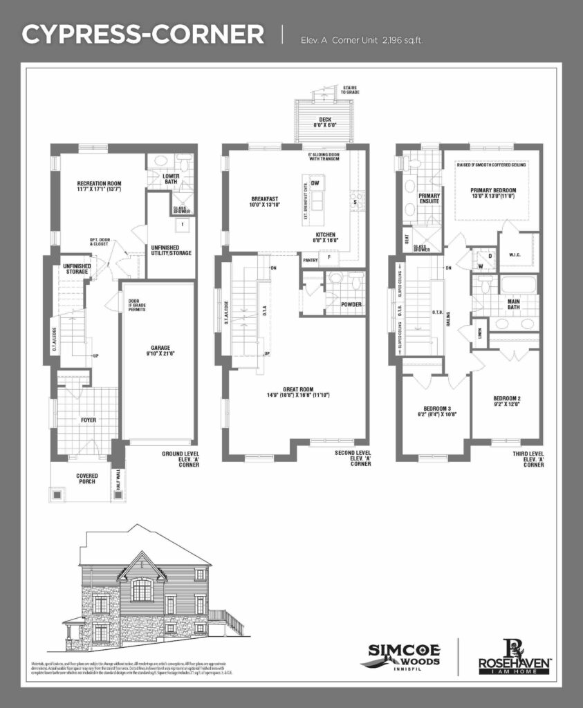 20’ Freehold Townhomes - Cypress-Corner - Floor Plan- Elevation A - Simcoe Woods Innisfil by Rosehaven Homes