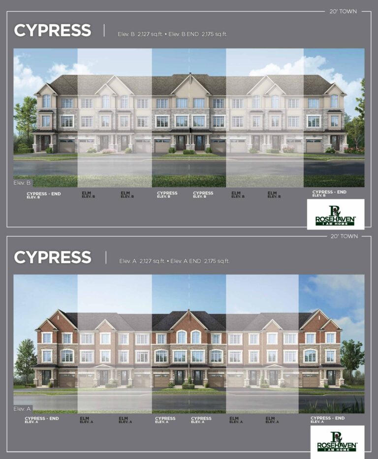20’ Freehold Townhomes - Cypress - Elevation A & B - Simcoe Woods Innisfil by Rosehaven Homes