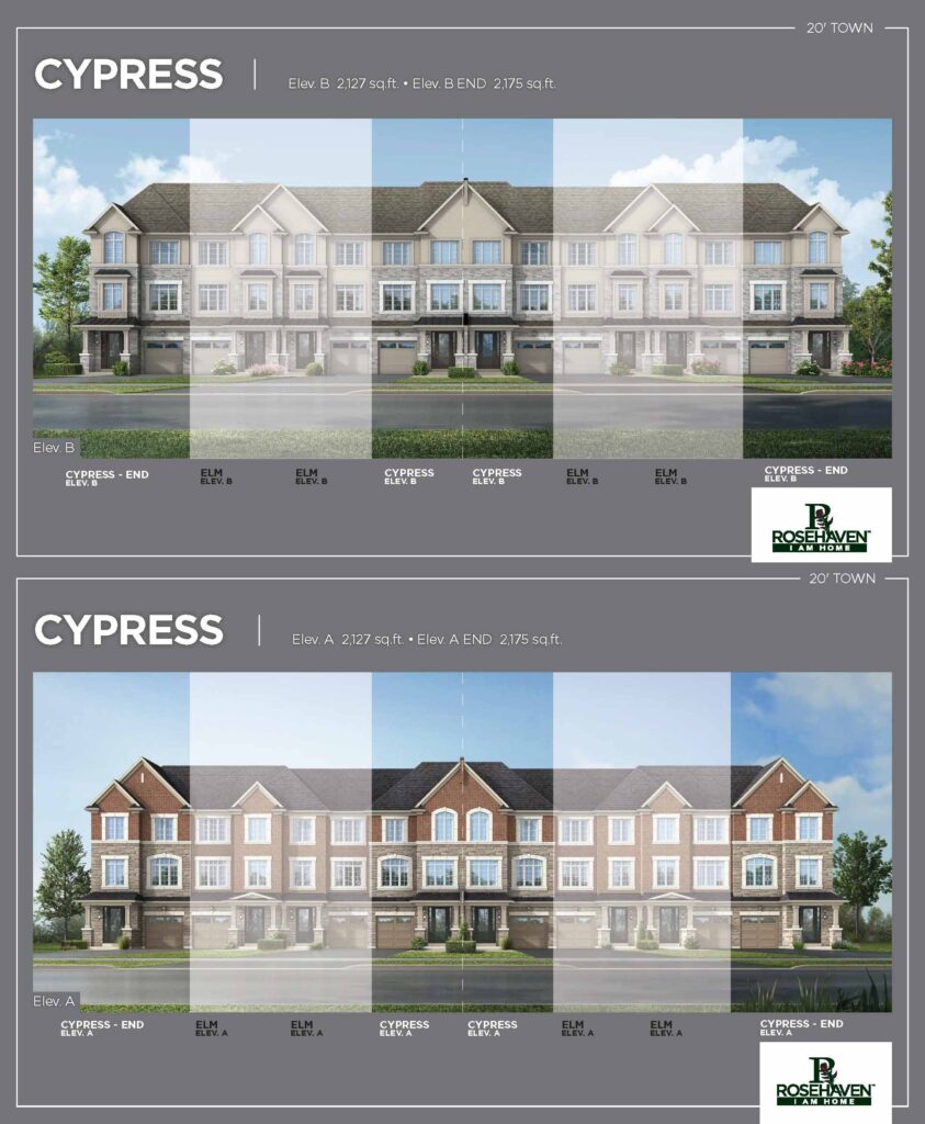 20’ Freehold Townhomes - Cypress - Elevation A & B - Simcoe Woods Innisfil by Rosehaven Homes