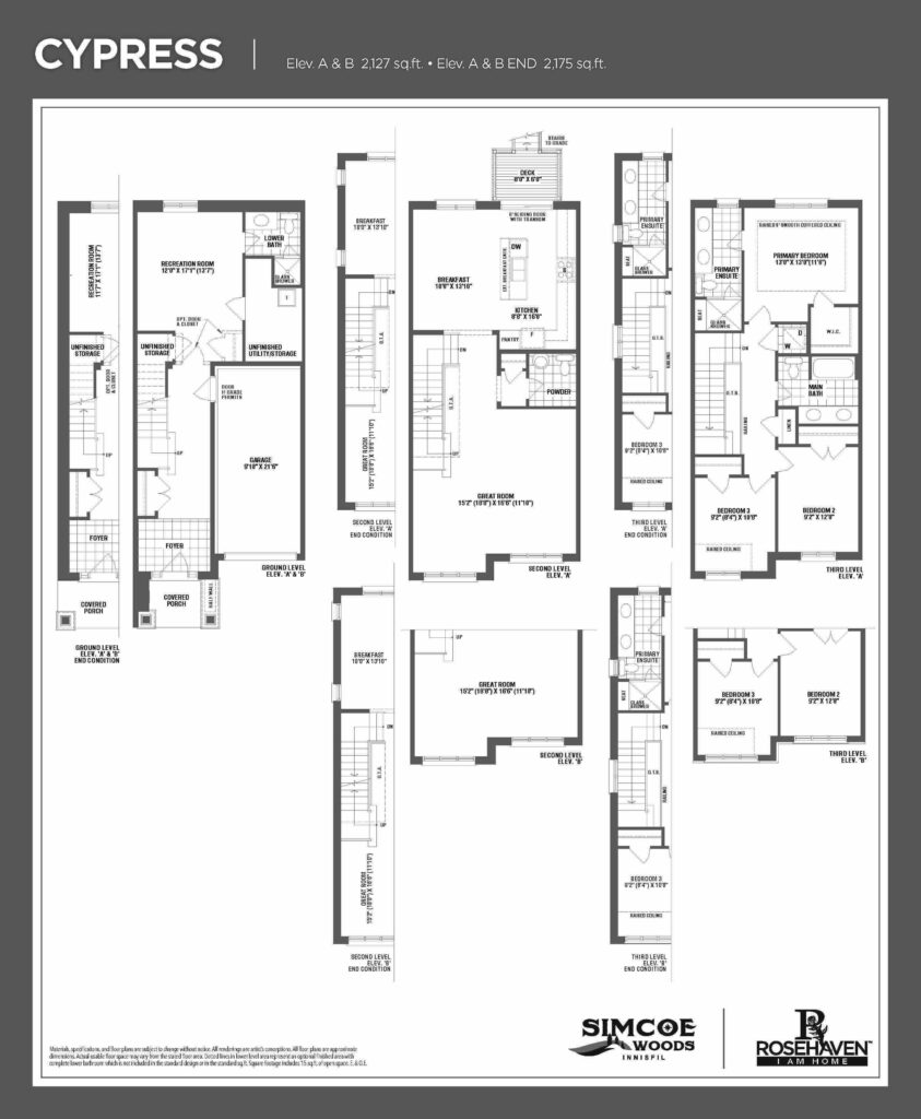 20’ Freehold Townhomes - Cypress - Floor Plan- Elevation A & B - Simcoe Woods Innisfil by Rosehaven Homes
