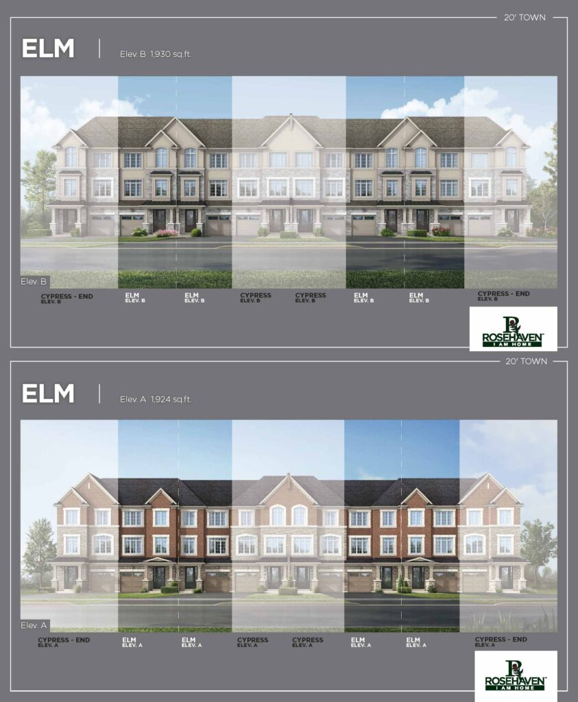 20’ Freehold Townhomes - Elm - Elevation A & B - Simcoe Woods Innisfil by Rosehaven Homes