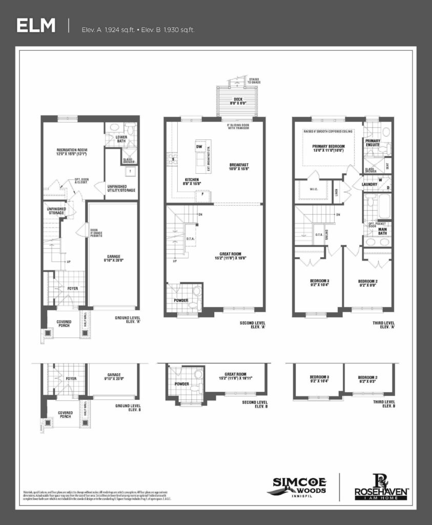 20’ Freehold Townhomes - Elm - Floor Plan- Elevation A & B - Simcoe Woods Innisfil by Rosehaven Homes