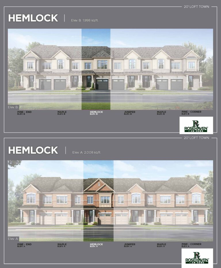 20’ Loft Freehold Townhomes - Hemlock - Elevation A & B - Simcoe Woods Innisfil by Rosehaven Homes