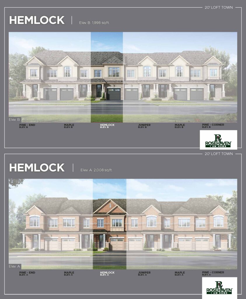 20’ Loft Freehold Townhomes - Hemlock - Elevation A & B - Simcoe Woods Innisfil by Rosehaven Homes