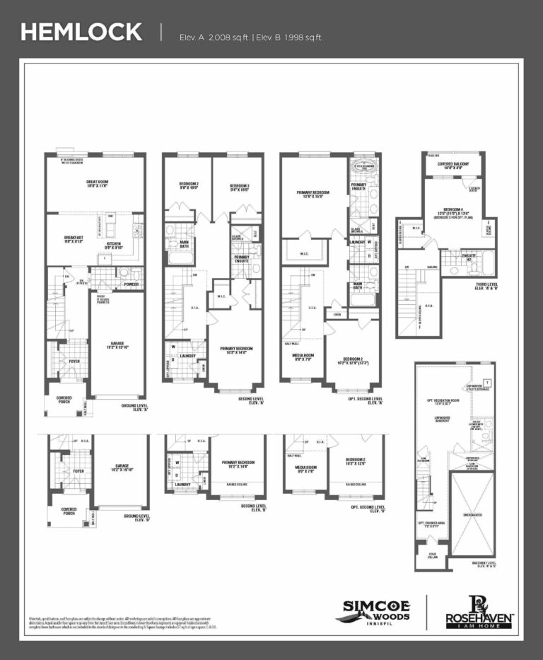 20’ Loft Freehold Townhomes - Hemlock - Floor Plan- Elevation A & B - Simcoe Woods Innisfil by Rosehaven Homes
