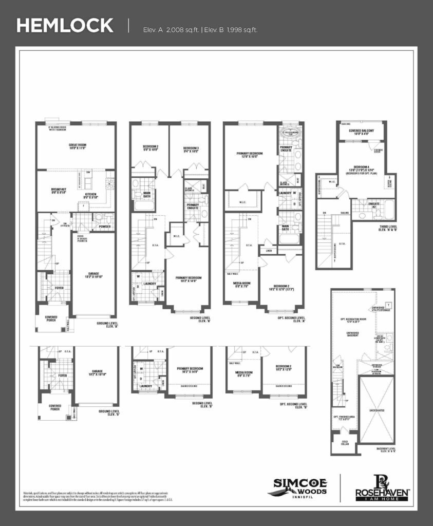 20’ Loft Freehold Townhomes - Hemlock - Floor Plan- Elevation A & B - Simcoe Woods Innisfil by Rosehaven Homes