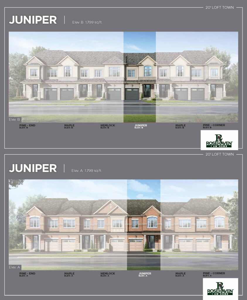 20’ Loft Freehold Townhomes - Juniper - Elevation A & B - Simcoe Woods Innisfil by Rosehaven Homes