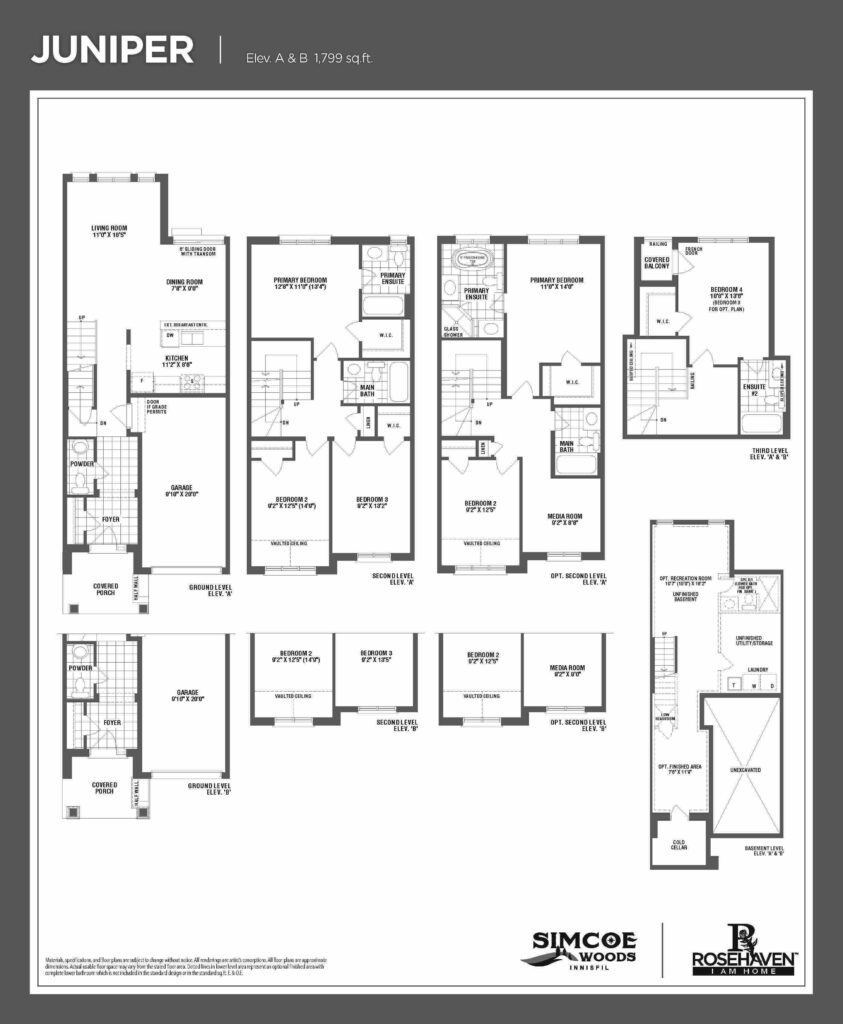 20’ Loft Freehold Townhomes - Juniper - Floor Plan- Elevation A & B - Simcoe Woods Innisfil by Rosehaven Homes