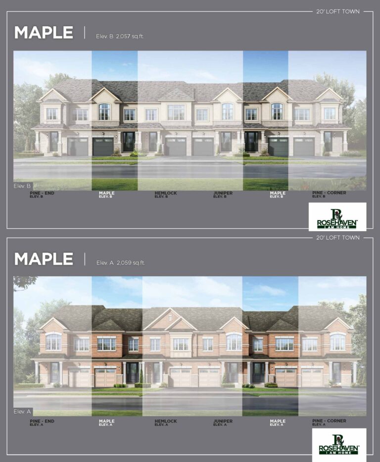 20’ Loft Freehold Townhomes - Maple - Elevation A & B - Simcoe Woods Innisfil by Rosehaven Homes
