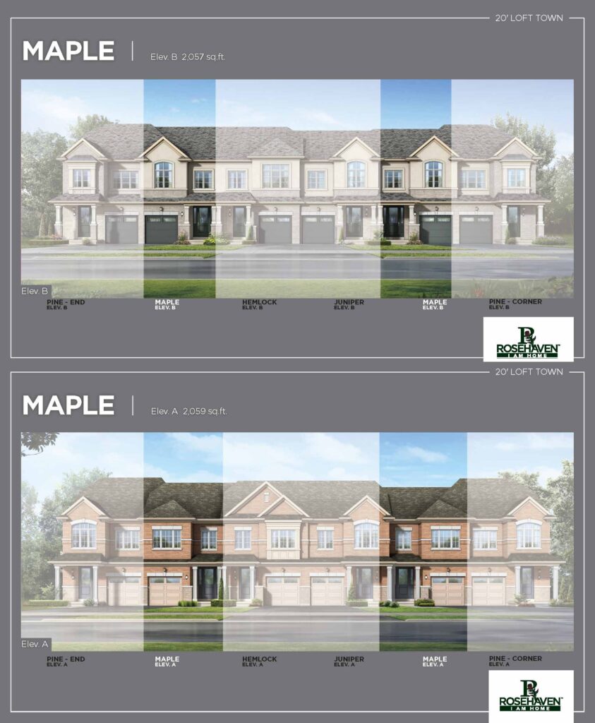 20’ Loft Freehold Townhomes - Maple - Elevation A & B - Simcoe Woods Innisfil by Rosehaven Homes