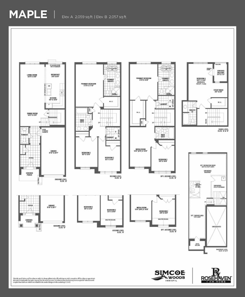 20’ Loft Freehold Townhomes - Maple - Floor Plan- Elevation A & B - Simcoe Woods Innisfil by Rosehaven Homes