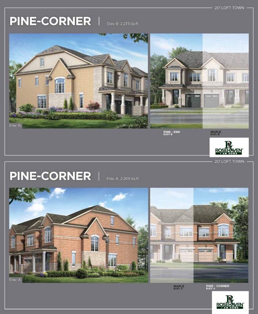 20’ Loft Freehold Townhomes - Pine-Corner - Elevation A & B - Simcoe Woods Innisfil by Rosehaven Homes