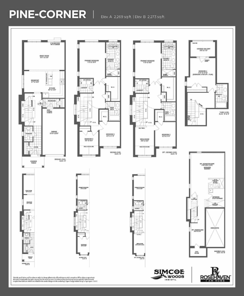 20’ Loft Freehold Townhomes - Pine-Corner - Floor Plan- Elevation A & B - Simcoe Woods Innisfil by Rosehaven Homes