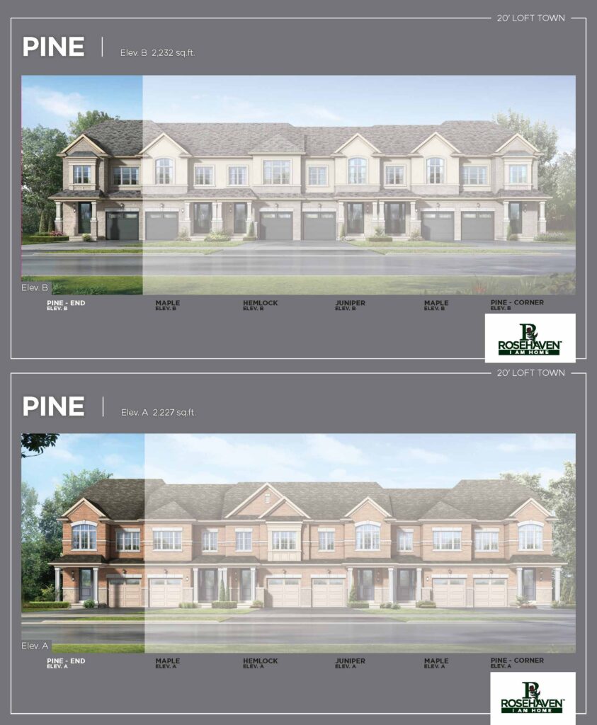 20’ Loft Freehold Townhomes - Pine - Elevation A & B - Simcoe Woods Innisfil by Rosehaven Homes