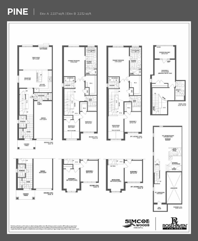20’ Loft Freehold Townhomes - Pine- Floor Plan- Elevation A & B - Simcoe Woods Innisfil by Rosehaven Homes
