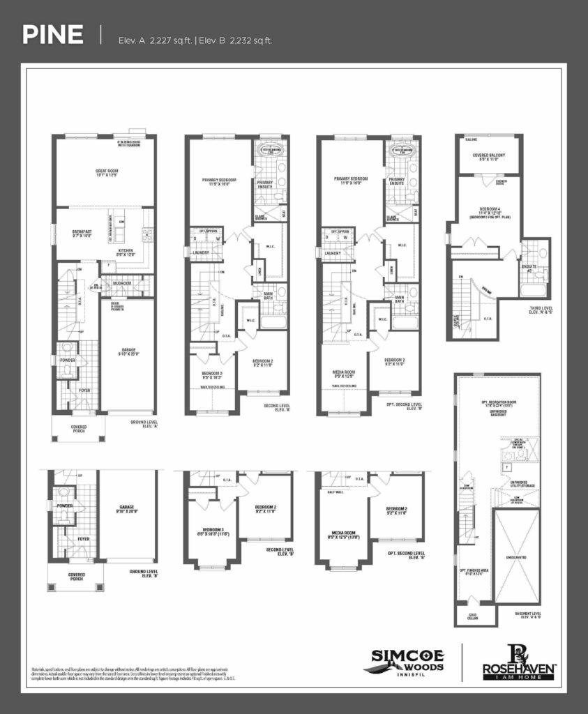 20’ Loft Freehold Townhomes - Pine- Floor Plan- Elevation A & B - Simcoe Woods Innisfil by Rosehaven Homes