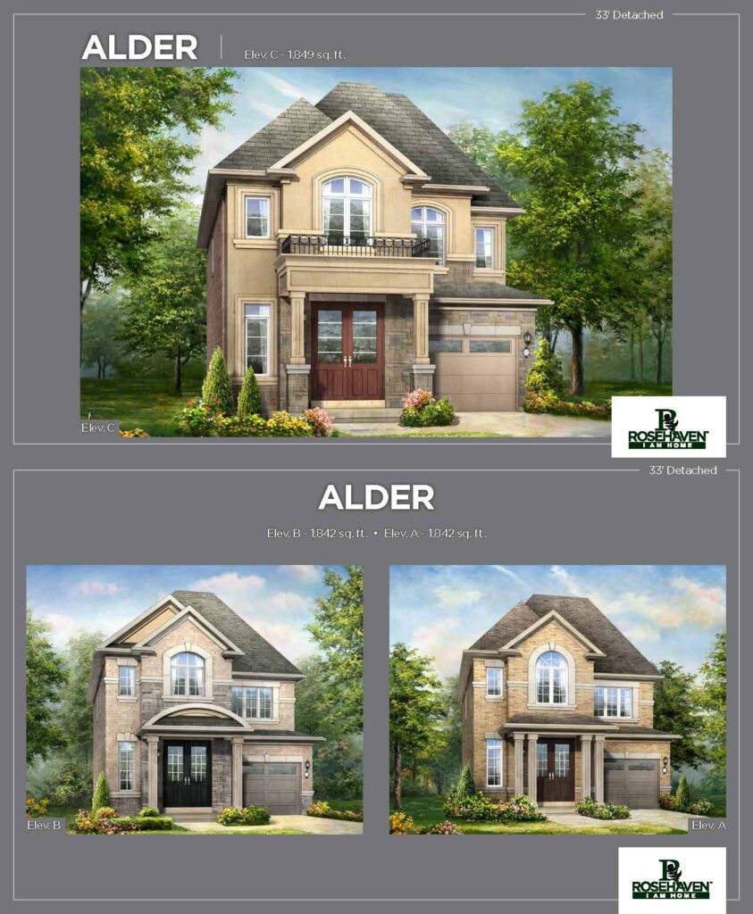 33’ Single Detached - Alder - Elevation A, B & C - Simcoe Woods Innisfil by Rosehaven Homes