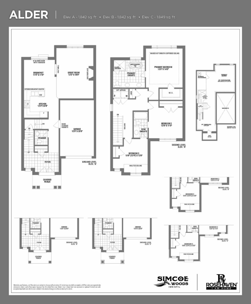33’ Single Detached - Alder - Floor Plan - Elevation A, B & C - Simcoe Woods Innisfil by Rosehaven Homes