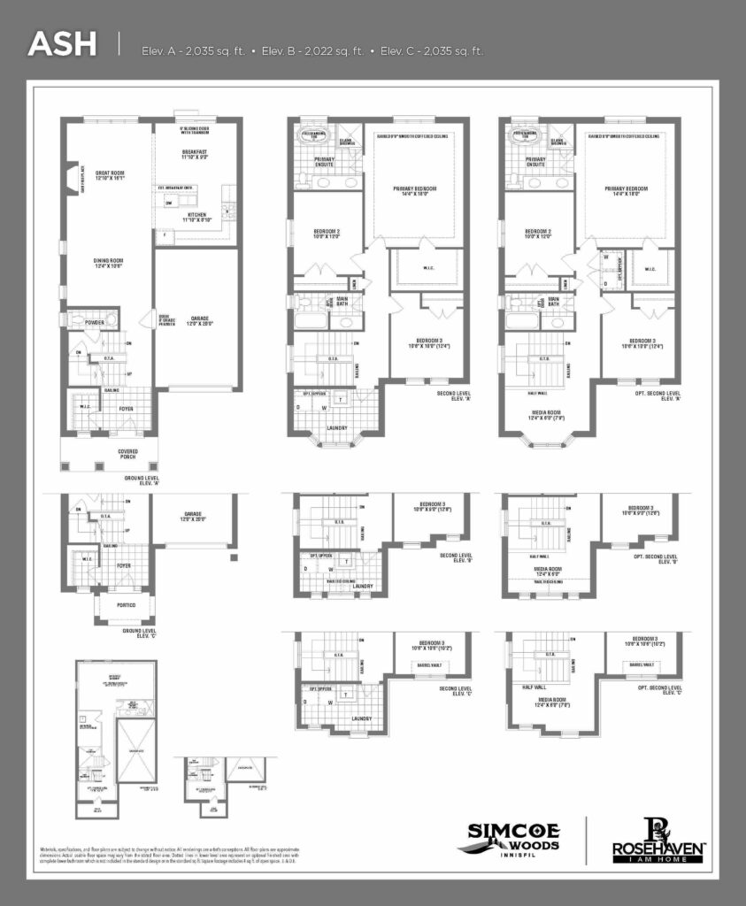 33’ Single Detached - Ash - Floor Plan - Elevation A, B & C - Simcoe Woods Innisfil by Rosehaven Homes