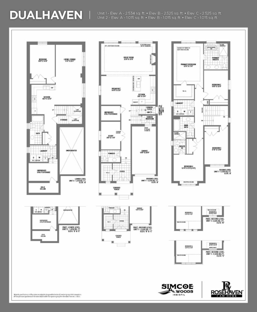 33’ Single Detached - Dualhaven - Floor Plan- Elevation A, B & C - Simcoe Woods Innisfil by Rosehaven Homes