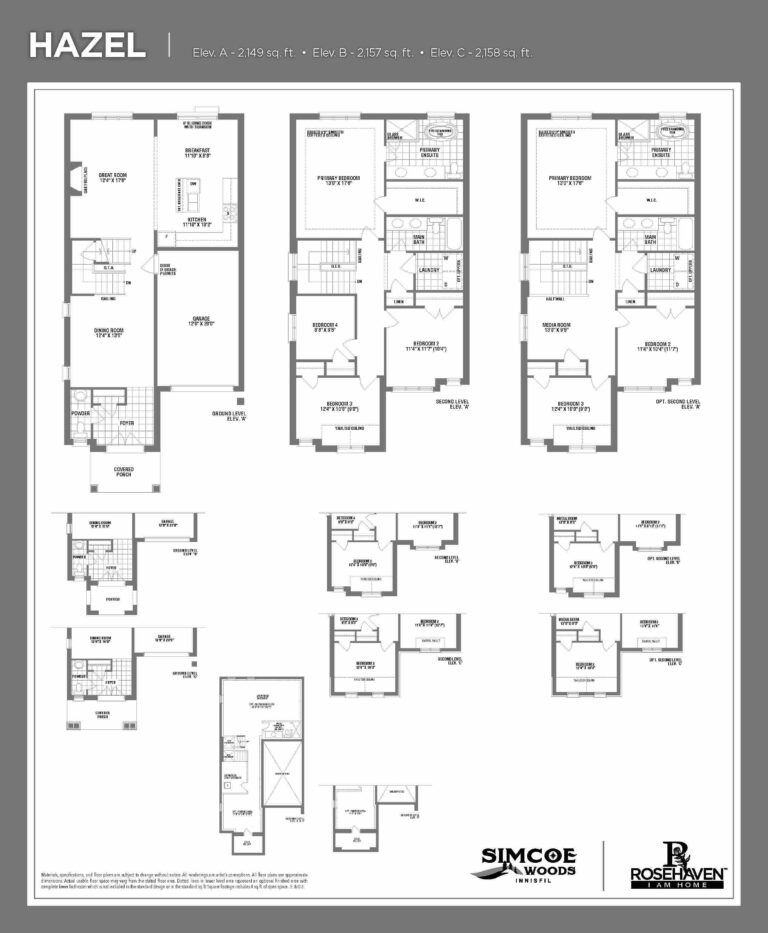 33’ Single Detached - Hazel - Floor Plan - Elevation A, B & C - Simcoe Woods Innisfil by Rosehaven Homes