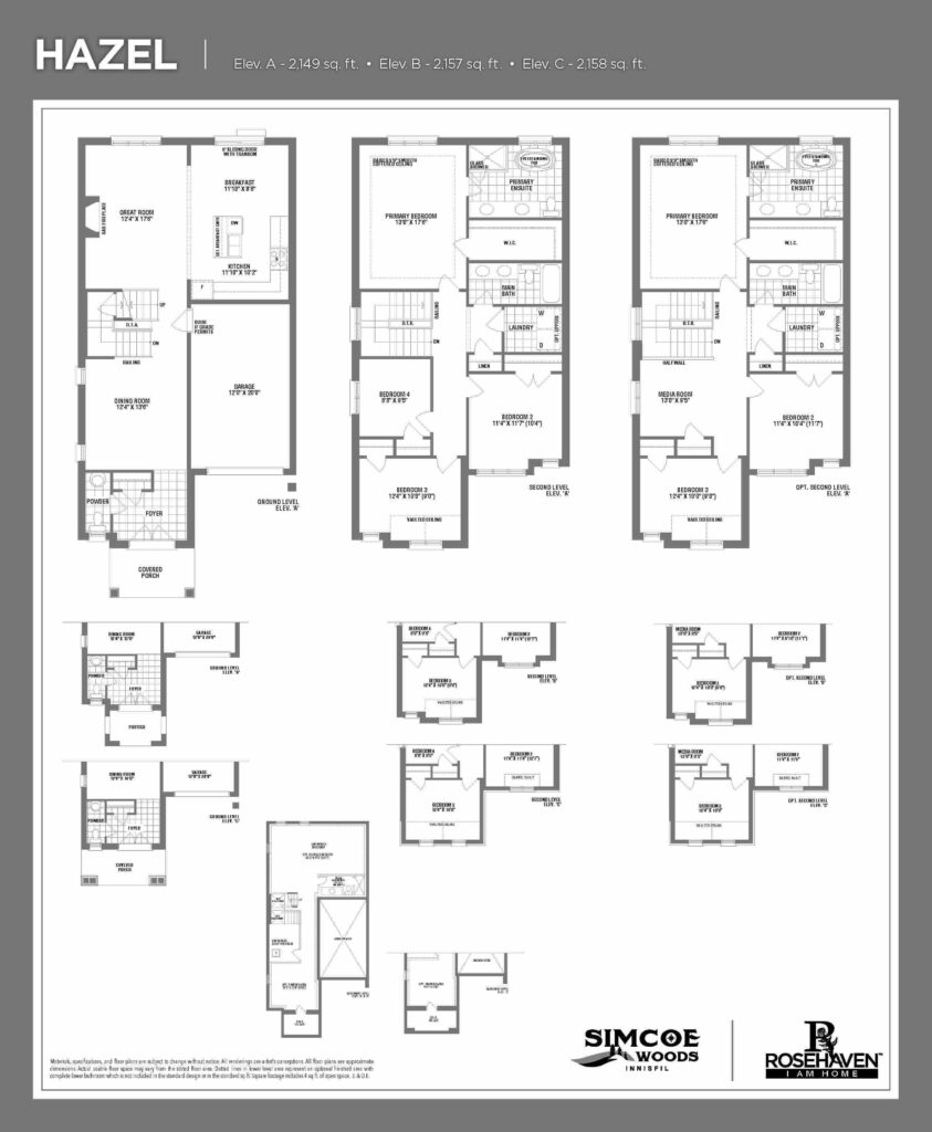 33’ Single Detached - Hazel - Floor Plan - Elevation A, B & C - Simcoe Woods Innisfil by Rosehaven Homes