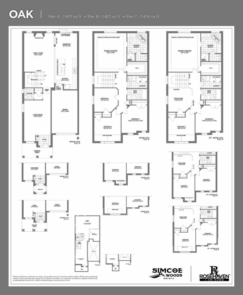 33’ Single Detached - Oak - Floor Plan - Elevation A, B & C - Simcoe Woods Innisfil by Rosehaven Homes