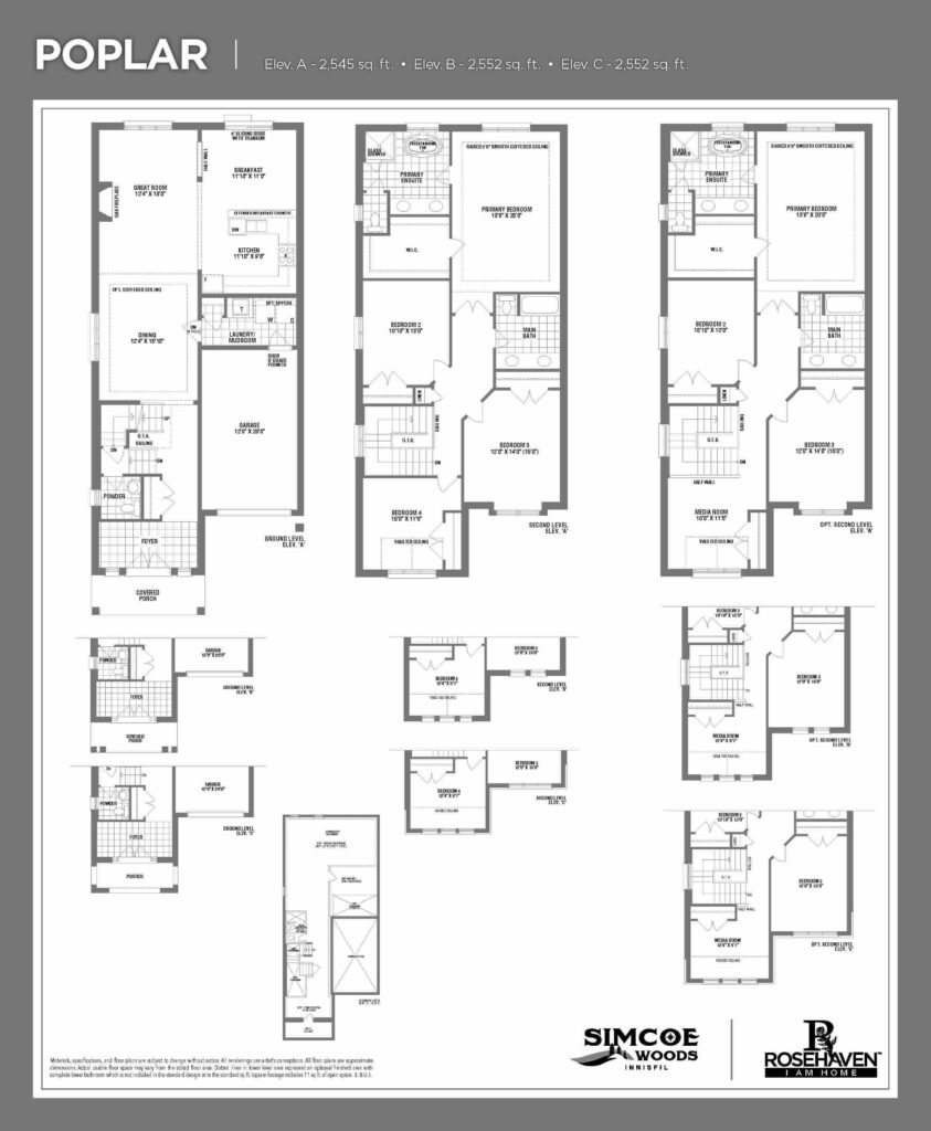 33’ Single Detached - Poplar - Floor Plan - Elevation A, B & C - Simcoe Woods Innisfil by Rosehaven Homes