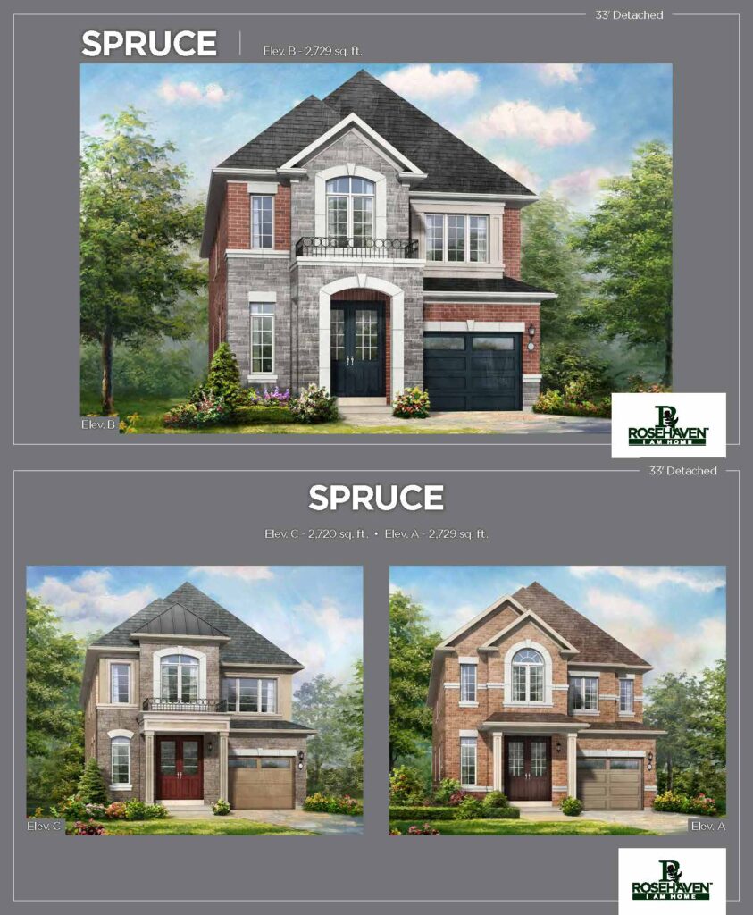 33’ Single Detached - Spruce - Elevation A, B & C - Simcoe Woods Innisfil by Rosehaven Homes