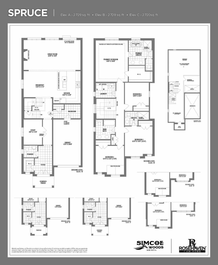 33’ Single Detached - Spruce - Floor Plan - Elevation A, B & C - Simcoe Woods Innisfil by Rosehaven Homes