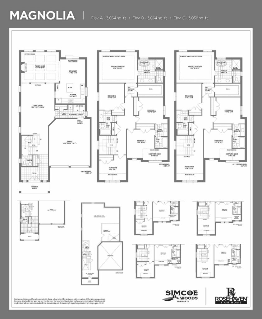 39’ Single Detached - Magnolia - Floor Plan - Elevation A, B & C - Simcoe Woods Innisfil by Rosehaven Homes